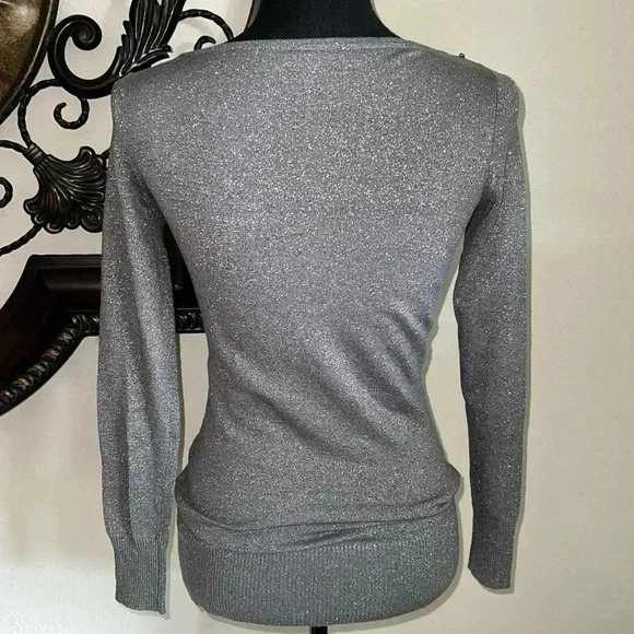 Cache Women’s Gray Spark Silver Sweater Jumper Beaded Rhinestone Accent Collar - Picture 5 of 13